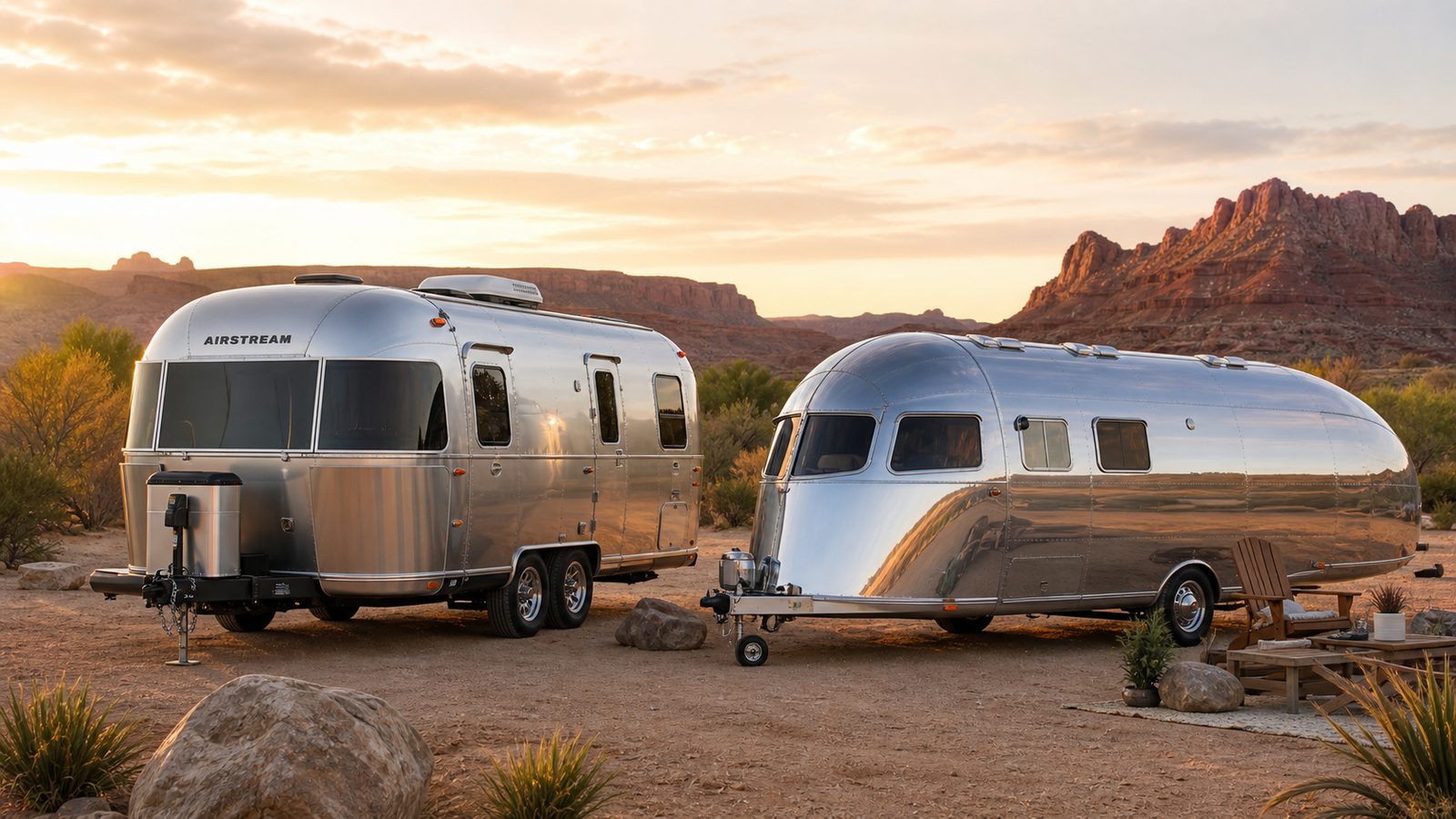 Airstream and Bowlus style aluminum travel trailers parked in a desert setting for a luxury trailer comparison