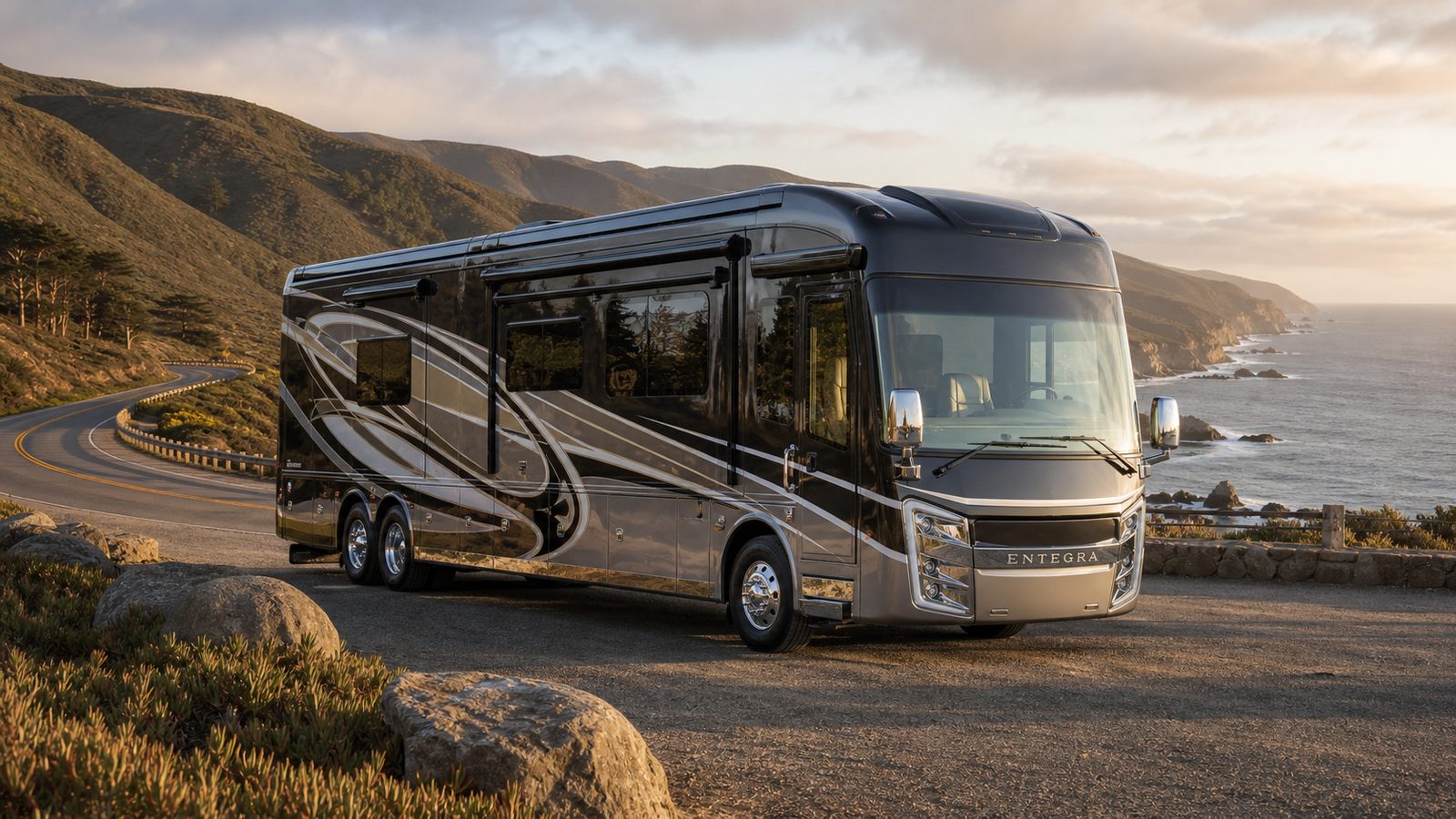 Entegra Coach Cornerstone style luxury diesel pusher at a coastal overlook