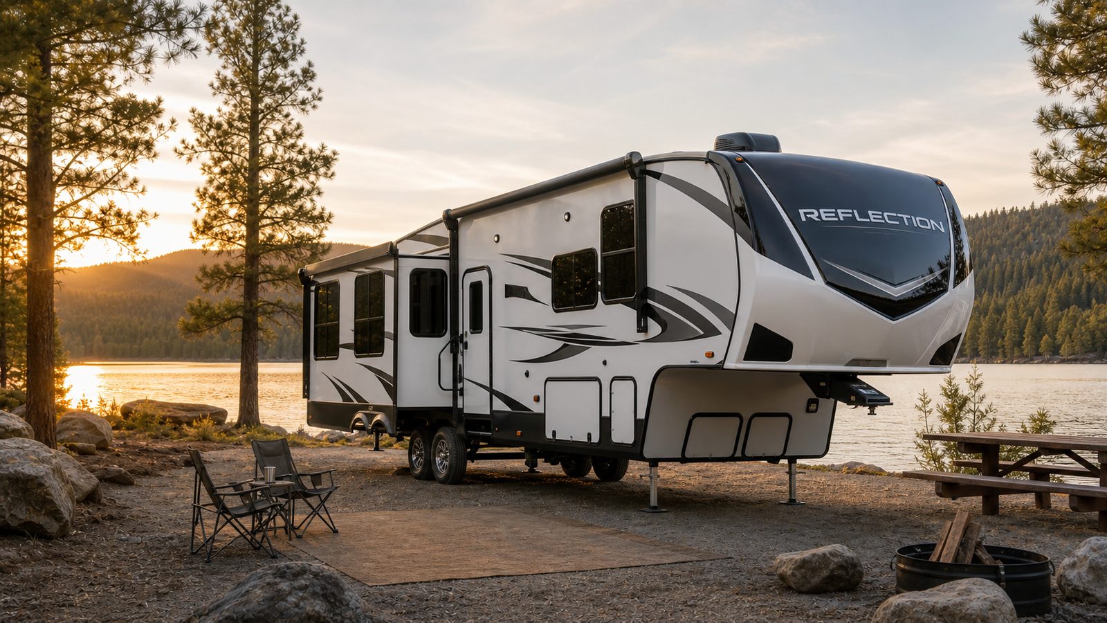 Grand Design Reflection style fifth wheel RV parked beside a lake for a towable RV review