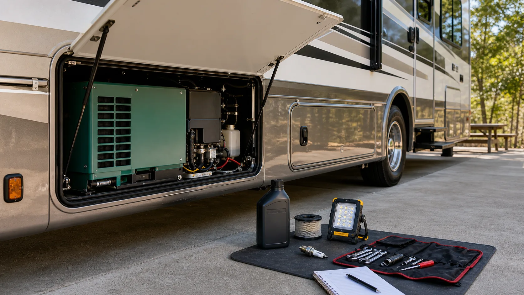 RV generator maintenance setup with organized tools in a workshop