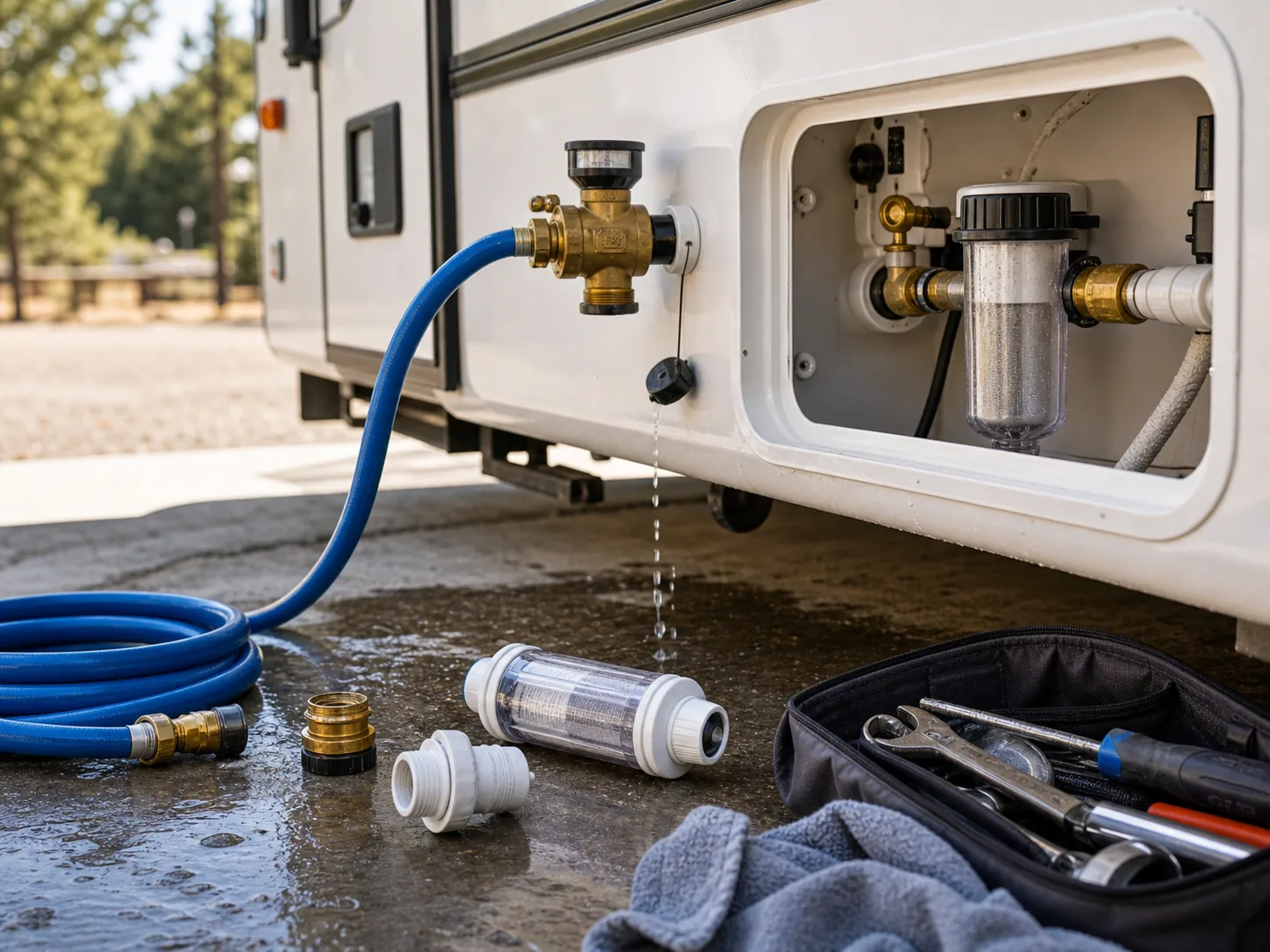 RV freshwater hose, pressure regulator, inline filter and service bay for water system care