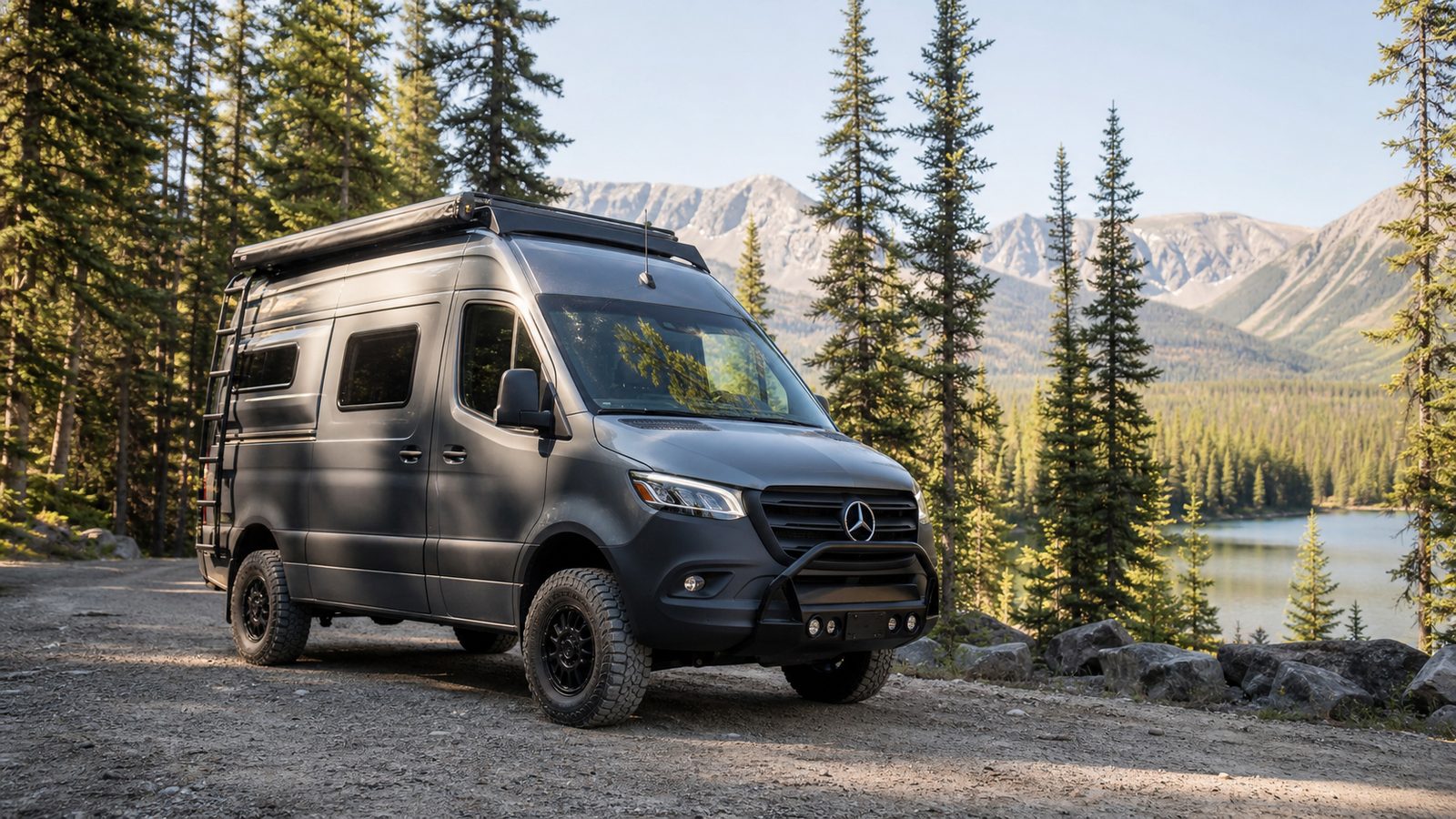 Mercedes-Benz Sprinter AWD camper van on a forest road for an adventure van review