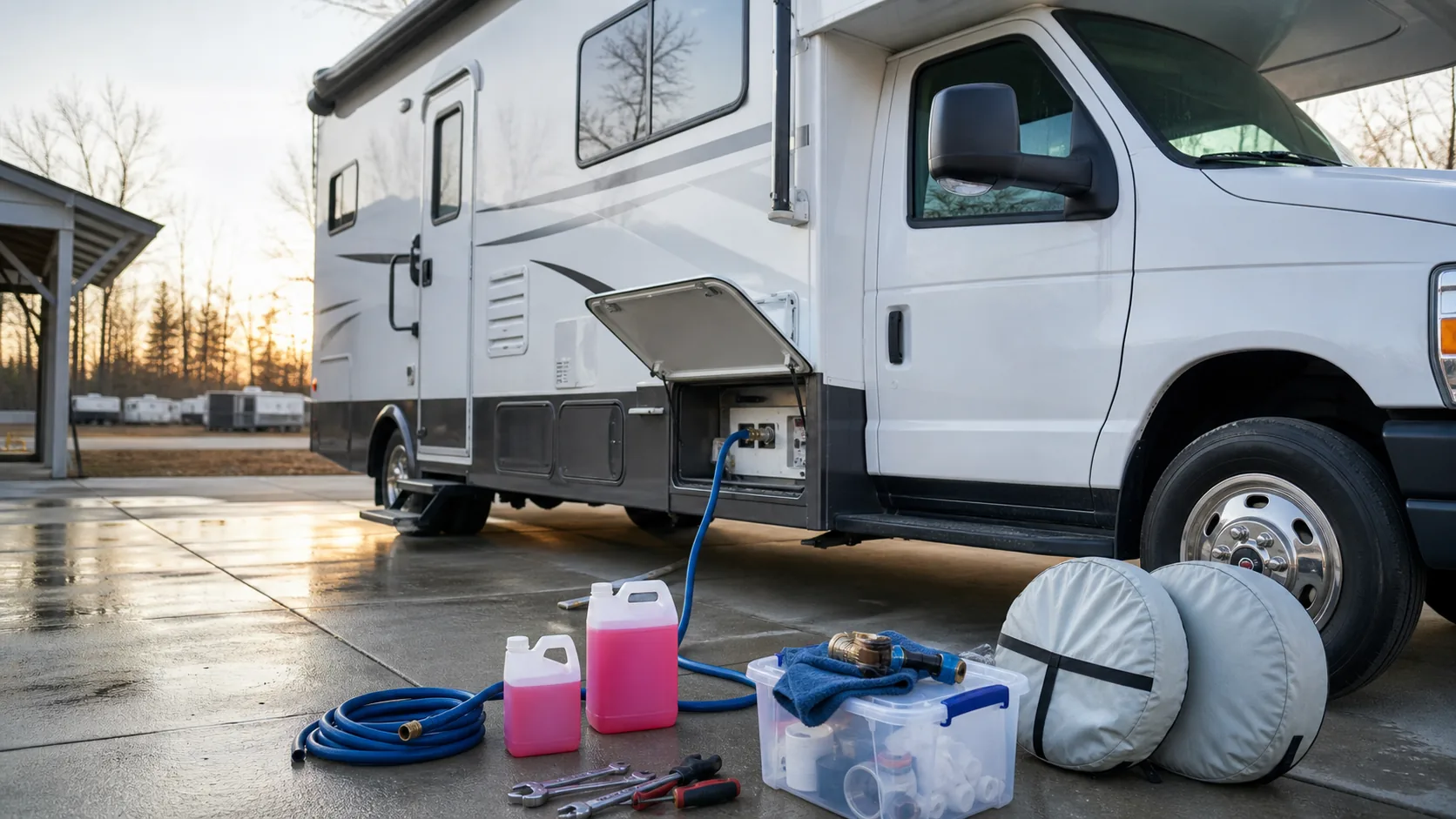 RV winterizing maintenance scene with tools and a motorhome in a clean workshop