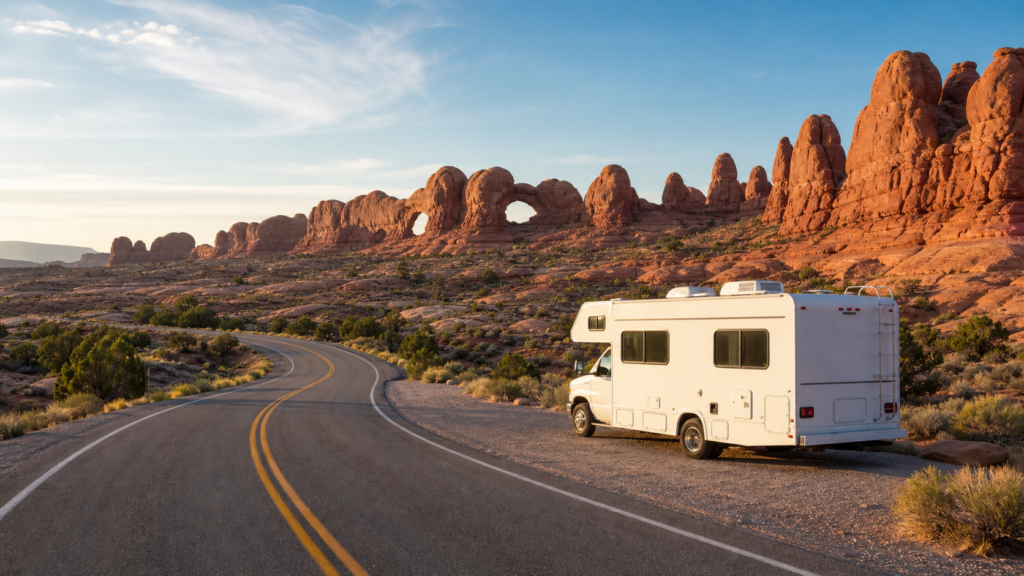 White RV parked beside a paved road through red rock desert near Arches National Park for a Moab RV trip planner