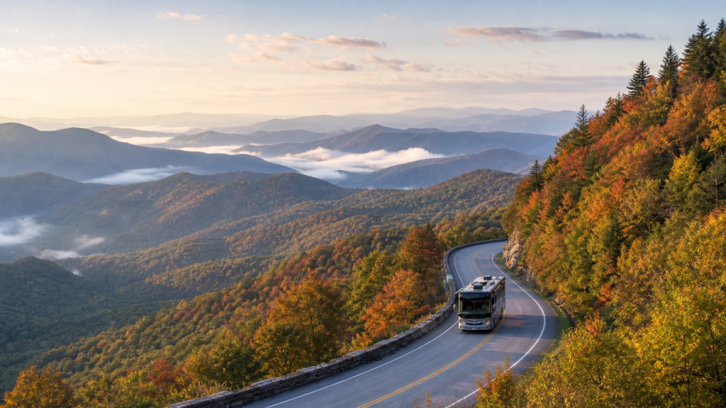 RV driving through autumn foliage on the Blue Ridge Parkway with layered Appalachian mountains and morning mist