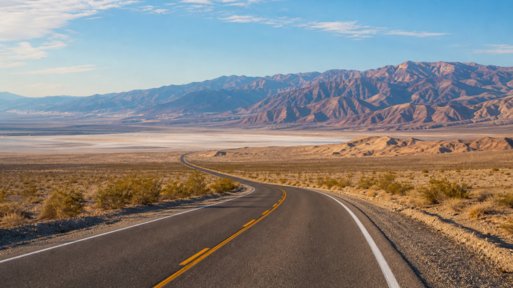 Paved highway leading across Death Valley desert basin toward rugged mountains for an RV trip planner