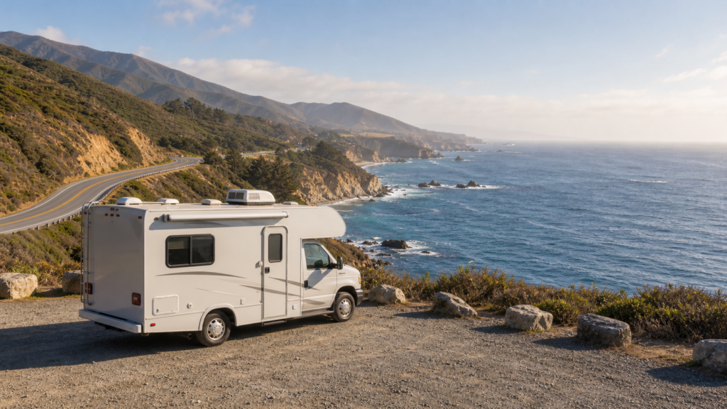 RV parked at a Pacific Coast Highway overlook above the California coast.