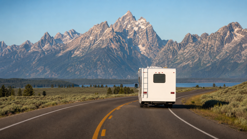 A white RV driving on a paved road toward the Grand Teton mountains for an RV route planning article