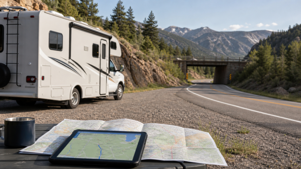 RV parked near a road with map and GPS for safe route planning