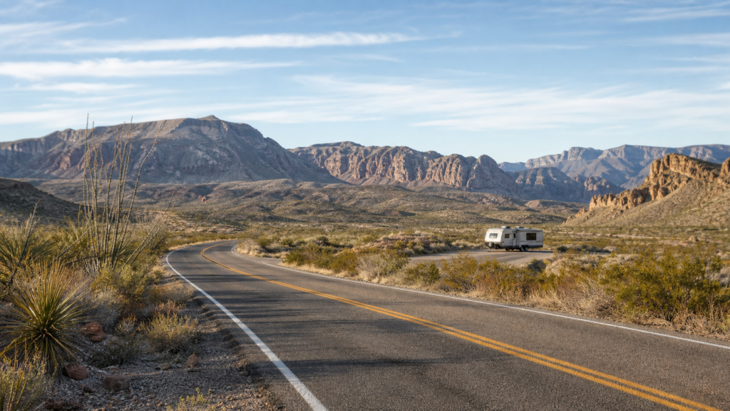 An open desert highway curves toward the mountains in Big Bend National Park with a small RV trailer in the distance.