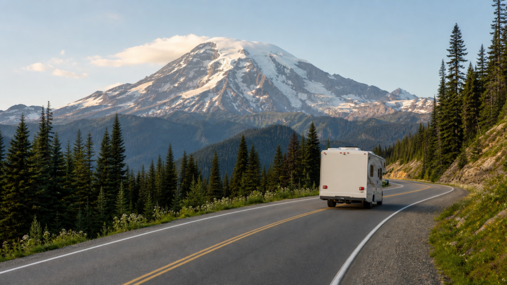 Generic unbranded RV on a scenic road near Mount Rainier for a RoadReviewer route planning article