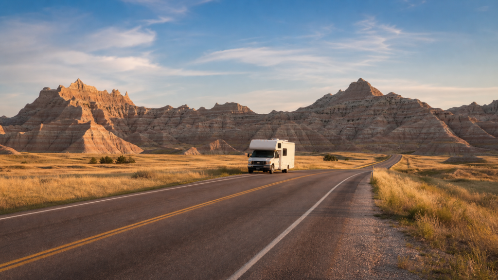 RV driving through the Badlands landscape on a paved scenic road for a Badlands RV trip planner