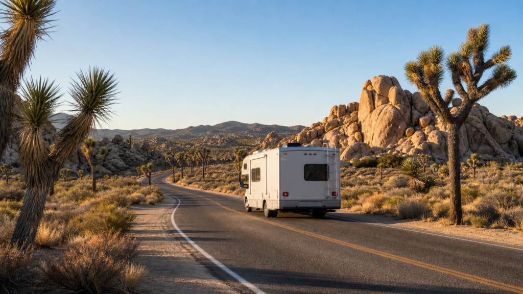 RV driving on a paved desert road through Joshua Tree National Park with Joshua trees and granite boulders