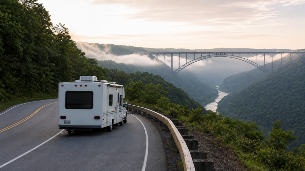 Unbranded RV on a scenic Appalachian road near New River Gorge Bridge in West Virginia