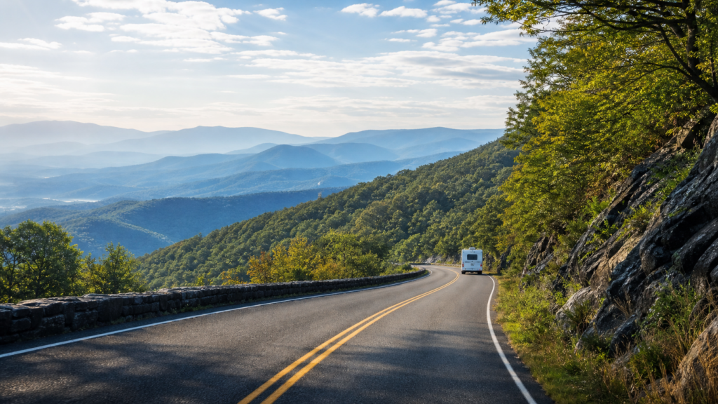 Skyline Drive curving through Shenandoah National Park with Blue Ridge Mountain views and a distant RV